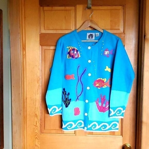 Storybook Knits Vintage Hand Knitted Aquatic Fish Themed  Limited Sz. S Cardigan - Picture 1 of 13